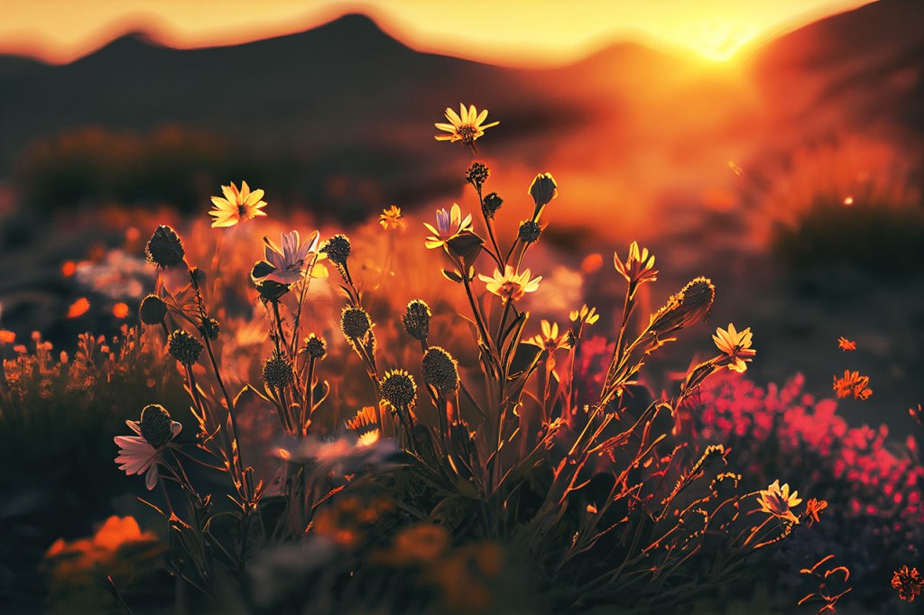 Spring meadow at sunset